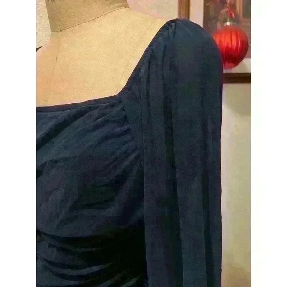 Fashion Square Neck Long Sleeve Ruched Bodycon Dress Blue Size XL - Picture 4 of 12